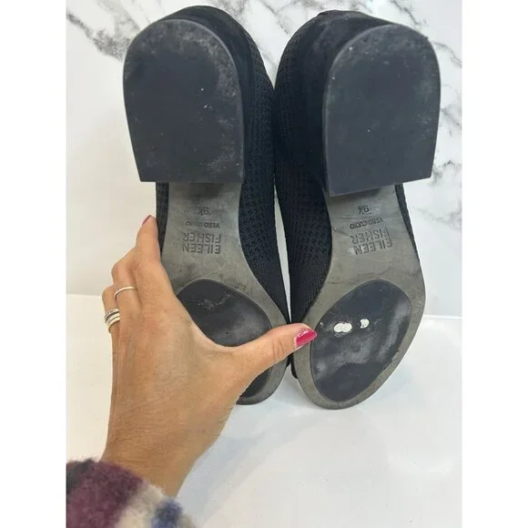 Eileen Fisher sz 9.5 Croft open toe ankle Boots block heel Mesh Knit Black EUC - Picture 5 of 7